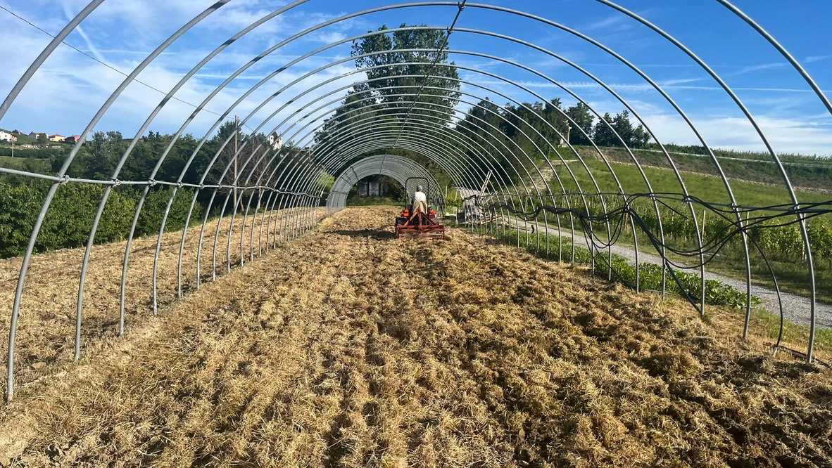Si lavora la terra sotto il tunnel dell'orto