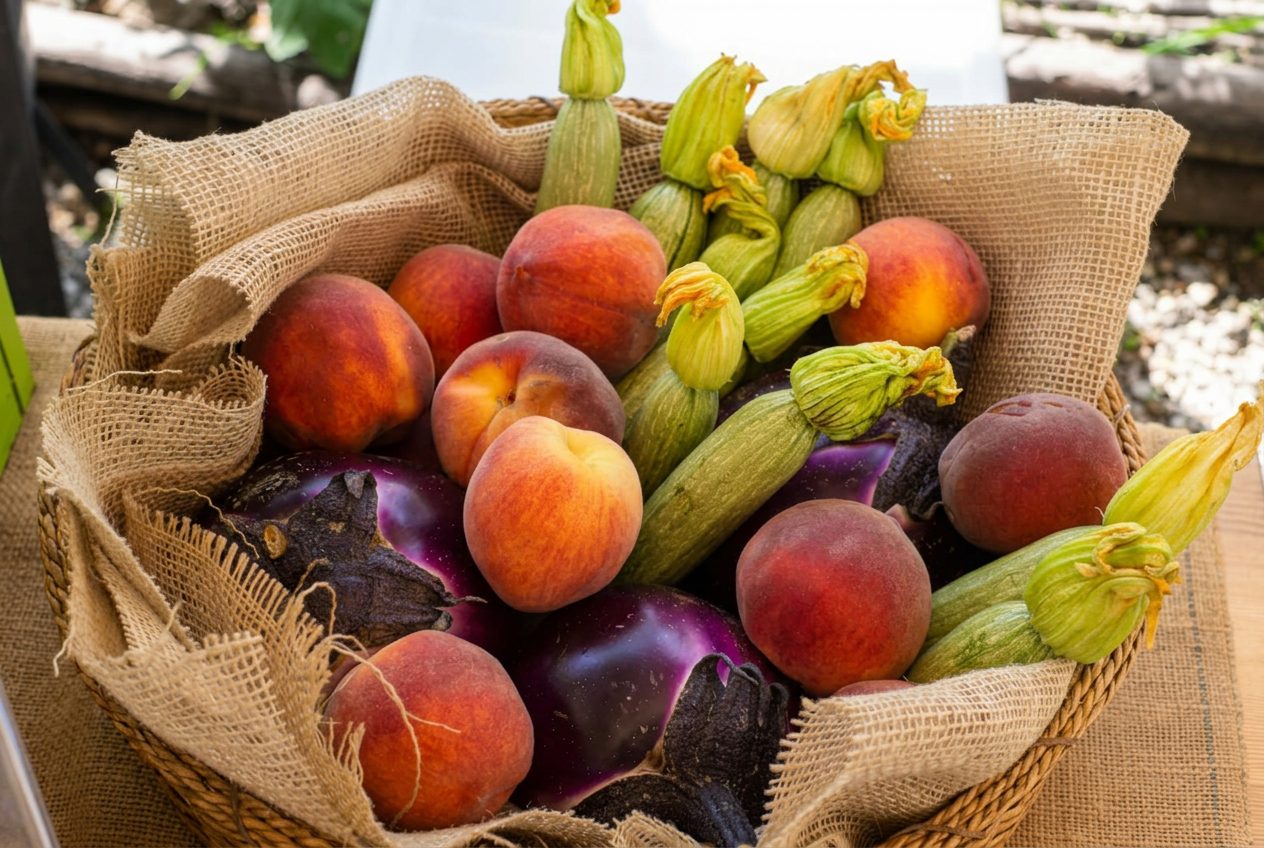 Un cesto di pesche, zucchine con i fiori e melanzane appena raccolte dall'orto di CasaMatilda