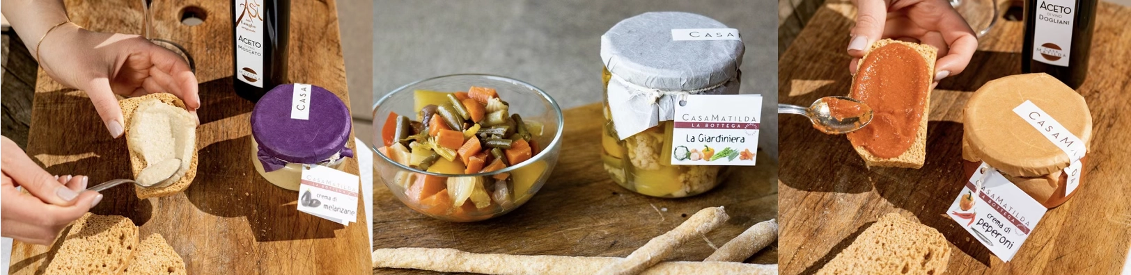 Prodotti La Dispensa di CasaMatilda: crema di melanzane, giardiniera e crema di peperoni servite con pane